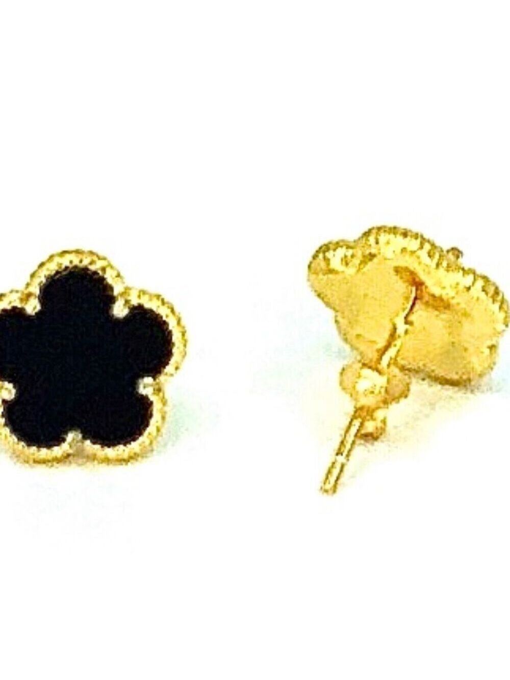 Clover 5 Leave Stud Earrings 18k GP 925 Sterling Silver / Black Onyx - Picture 2 of 6